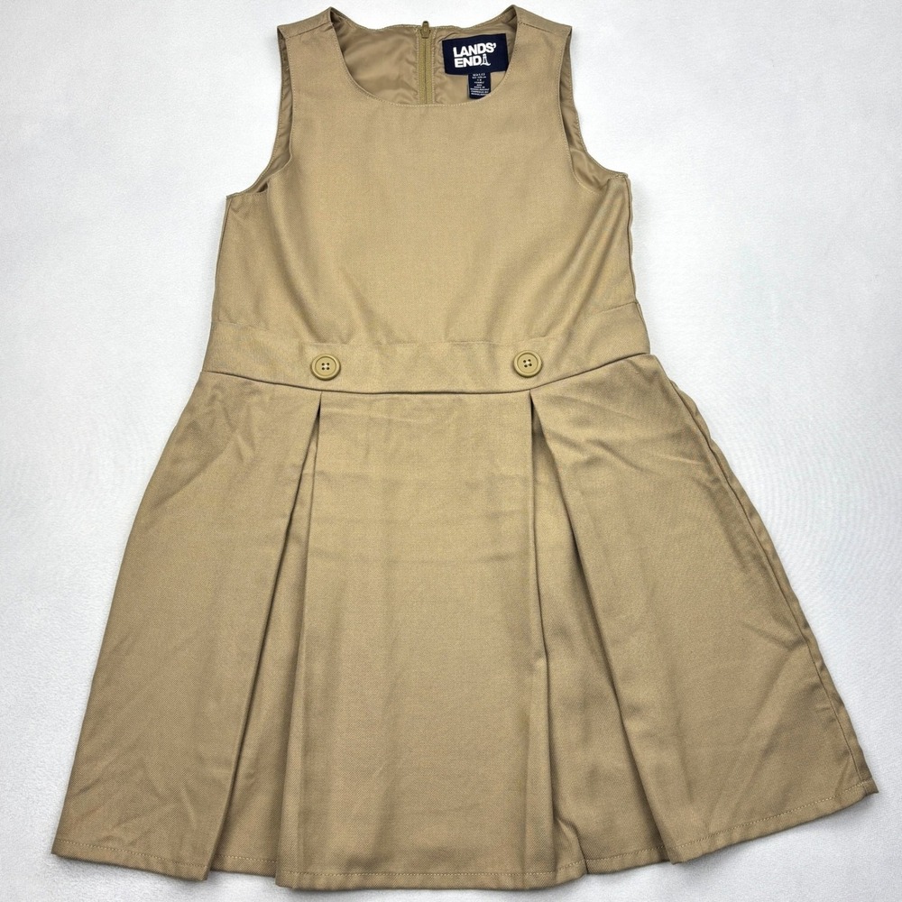 Lands End Girls 7 School Uniform Pleated Jumper Dress Khaki Tan Sleeveless 68176